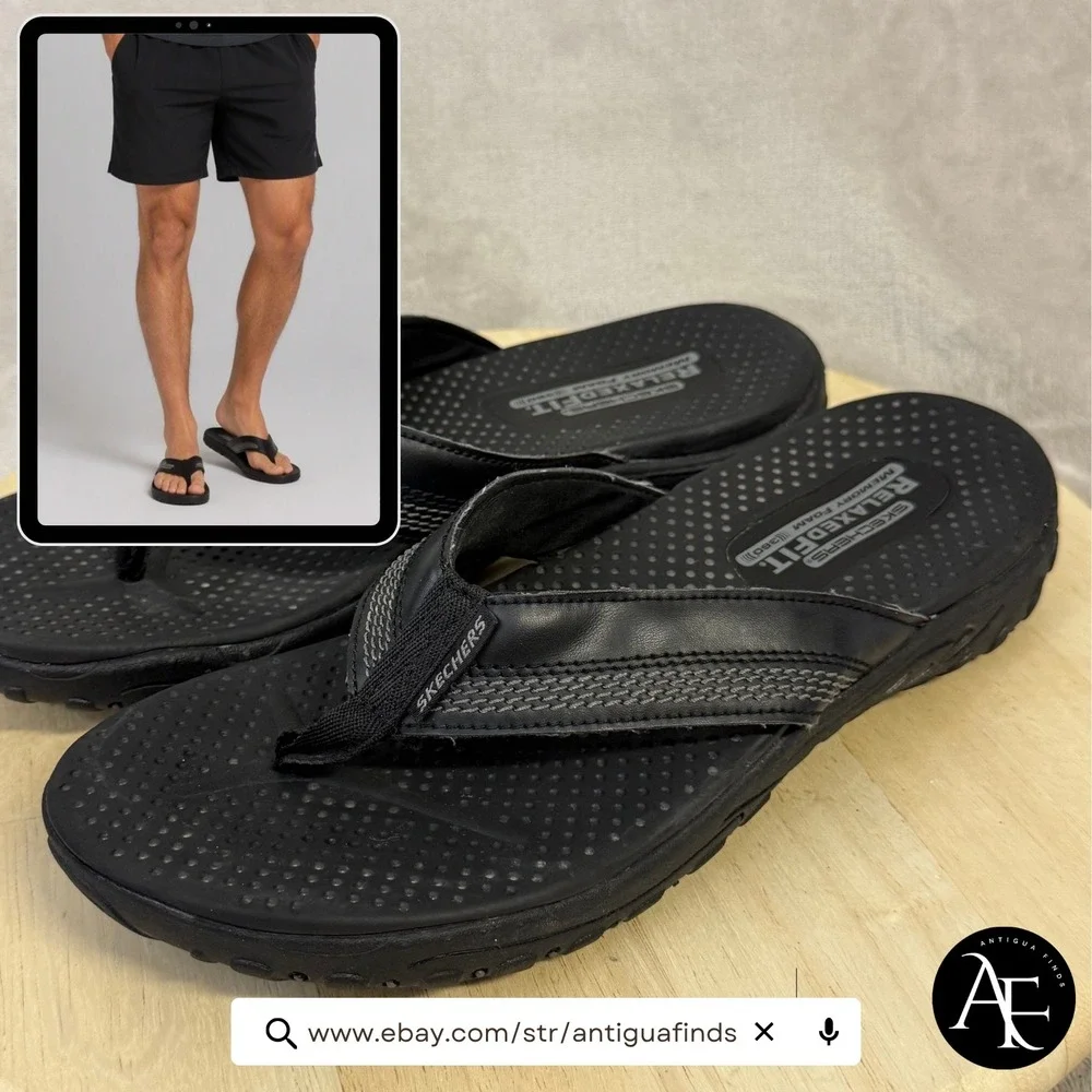 Skechers Relaxed Fit 360 Memory Foam Black Thong Sandals Mens 10 56219SA